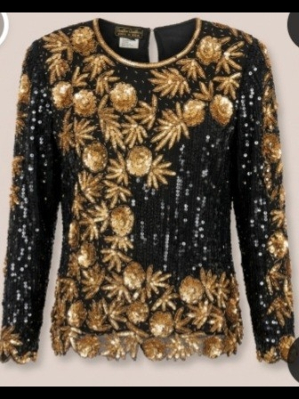 Creative Recreation Black Long-Sleeve Sequin Floral Top with Gold Embroidery